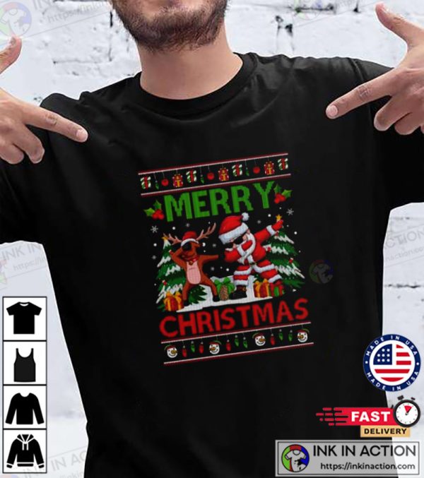Snowman tree Reindeer dabbing Santa Merry Christmas 2022 T-shirt