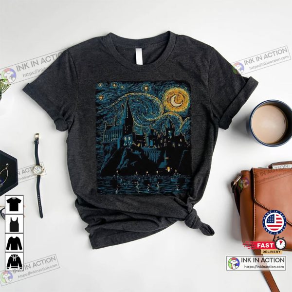 Starry Night Shirt Magic Wizard Castle Boat Magic School Book Nerd Gift Fantasy Shirt