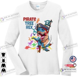 T Rex Pirate Dinosaur Christmas Tree Rex Pajamas Xmas Gift Ladies Missy Fit Long Sleeve Shirt 1