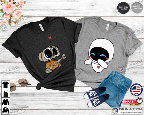 Wall-E and Eve Valentine’s Day Matching T-shirt, Cute Valentine Shirt, Wall-E Shirt, Couple Shirt For Valentines