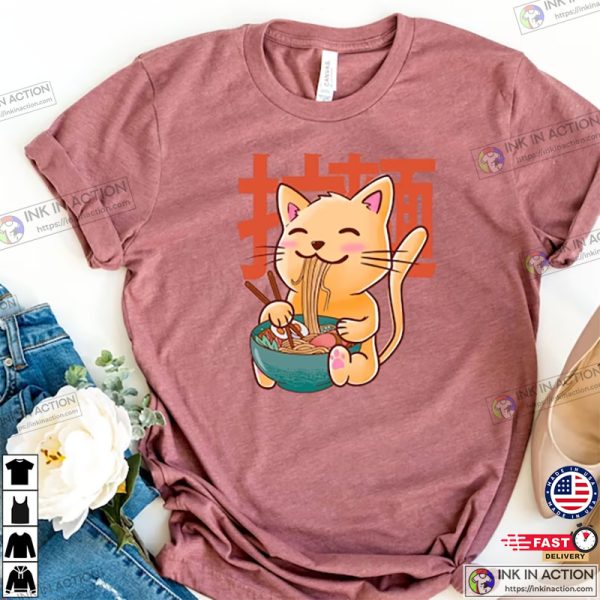 Cat Ramen Graphic T-Shirt, Kawaii Shirt, Cute Anime Shirts, Ramen Eating Cat Tees