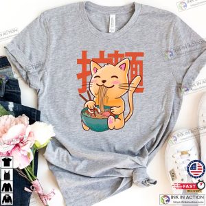Cat Ramen Graphic T-Shirt, Kawaii Shirt, Cute Anime Shirts, Ramen Eating Cat Tees