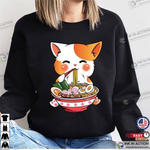 Cat Ramen Sweatshirt Kawaii Anime Shirts Korean Noodle Tee Cute Ramen Kitten Graphic 2