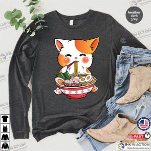 Cat Ramen Sweatshirt Kawaii Anime Shirts Korean Noodle Tee Cute Ramen Kitten Graphic 4