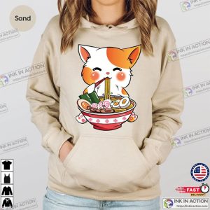 Cat Ramen Sweatshirt Kawaii Anime Shirts Korean Noodle Tee Cute Ramen Kitten Graphic 5