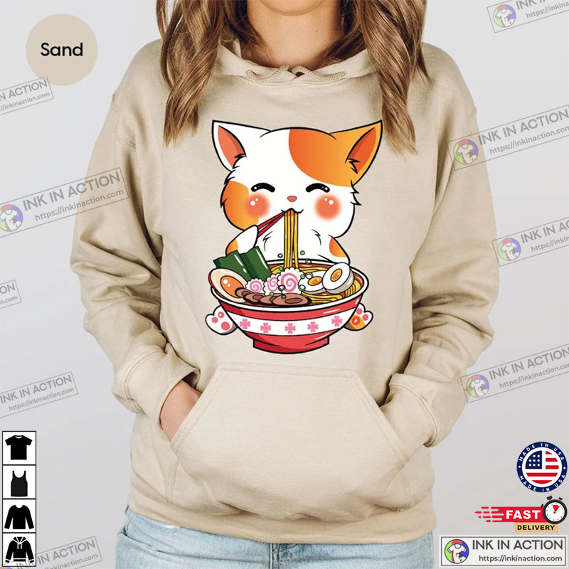 Cat Ramen Sweatshirt, Kawaii Anime Shirts, Korean Noodle Tee, Cute Ramen  Kitten Graphic - Ink In Action
