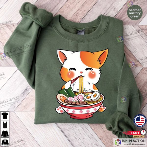 Cat Ramen, Kawaii Anime Shirts, Korean Noodle Tee, Cute Ramen Kitten Graphic