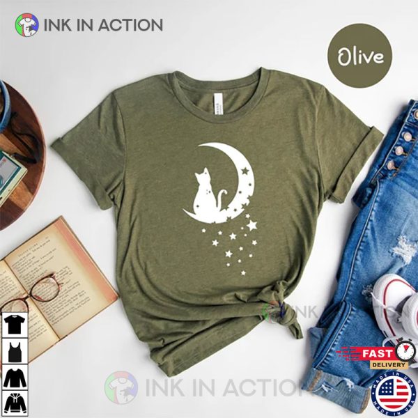 Cat on the Moon Crescent Moon Cat Lover Tee