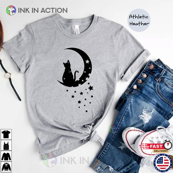 Cat on the Moon Crescent Moon Cat Lover Tee