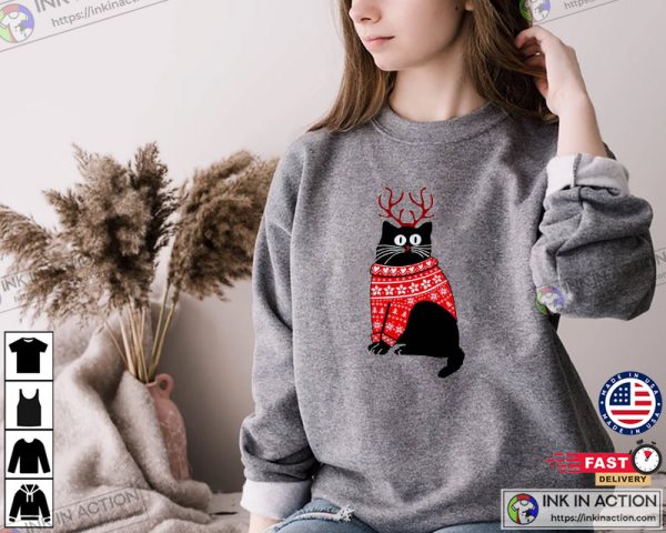 Christmas Cat Reindeer Antlers Sweatshirt, Meowy Xmas Cats Lover Shirt