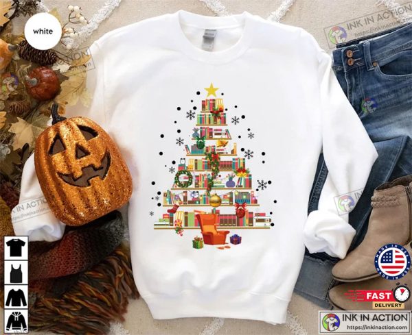 Christmas Teacher Shirts, Book Sweatshirt, Christmas Tree Graphic Tees