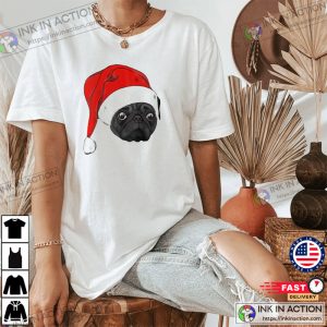 Cute black pug in christmas hat T Shirt 1