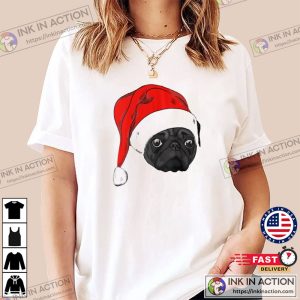 Cute black pug in christmas hat T Shirt 2