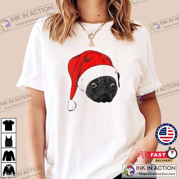 Cute Black Pug In Christmas Hat T-Shirt