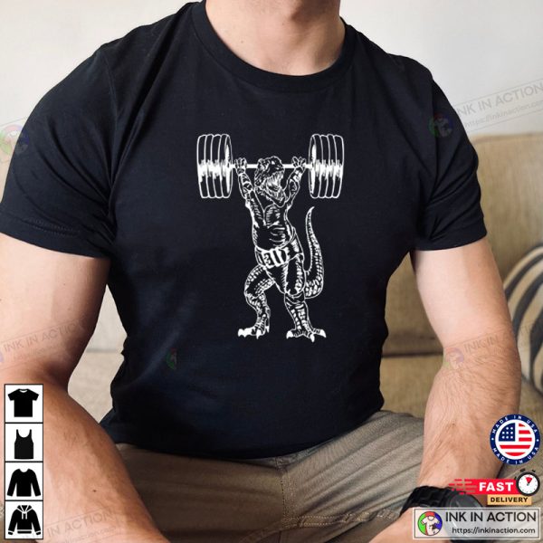 Dinosaur Weight Lifting Barbell Gym Workout T-Shirt