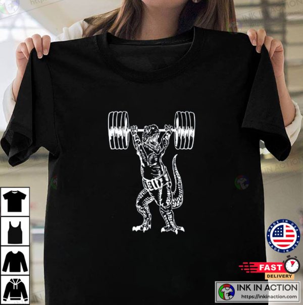 Dinosaur Weight Lifting Barbell Gym Workout T-Shirt