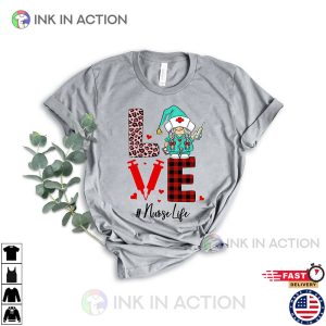 Gnome Nurse Love Leopard Buffalo Plaid Hearts Valentine Shirt 3