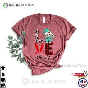 Gnome Nurse Love Leopard Buffalo Plaid Hearts Valentine Shirt 4