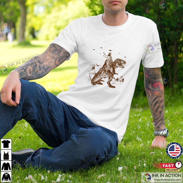 Jesus Riding Dinosaur UFO T-shirt Funny Graphic Shirt