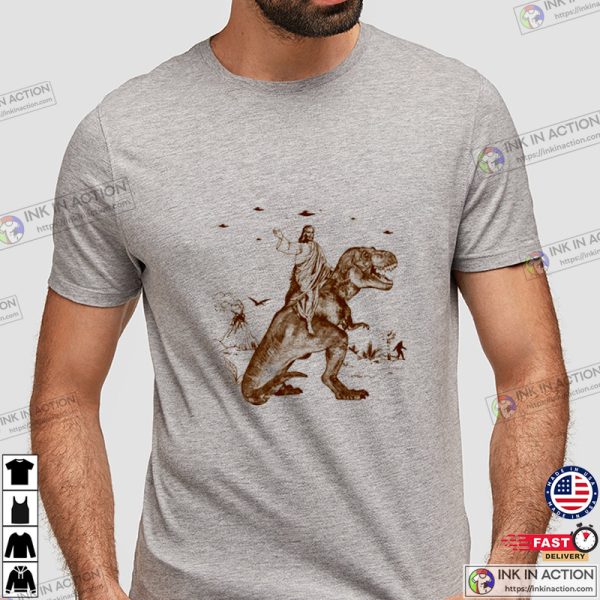 Jesus Riding Dinosaur UFO T-shirt Funny Graphic Shirt