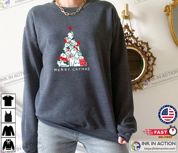 Meowy Christmas Tree Sweatshirt, Cat Lover Funny Xmas Shirt