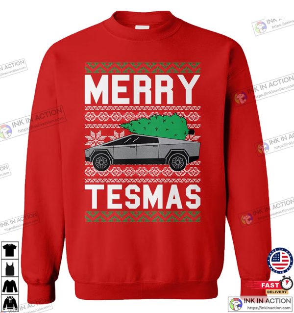 Merry Tesmas Unisex Sweater, Tesla Cybertruck Electric Car Truck Elon Musk Shirt for Xmas Holiday Party