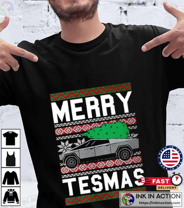 Merry Tesmas Unisex Sweater, Tesla Cybertruck Electric Car Truck Elon Musk Shirt for Xmas Holiday Party