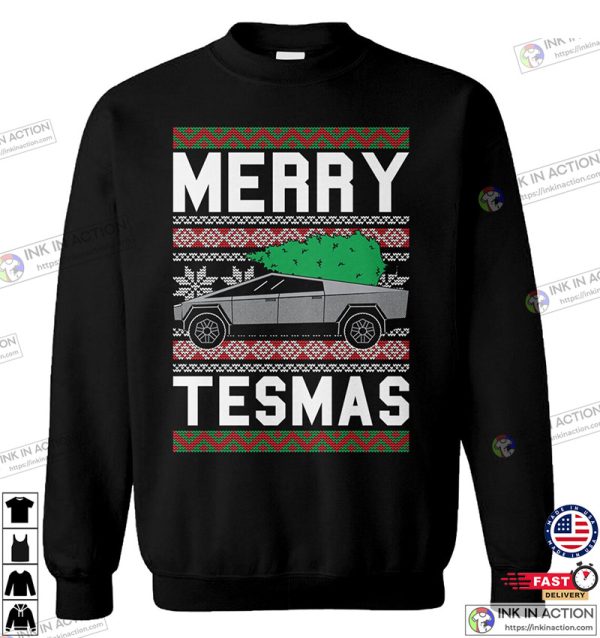 Merry Tesmas Unisex Sweater, Tesla Cybertruck Electric Car Truck Elon Musk Shirt for Xmas Holiday Party