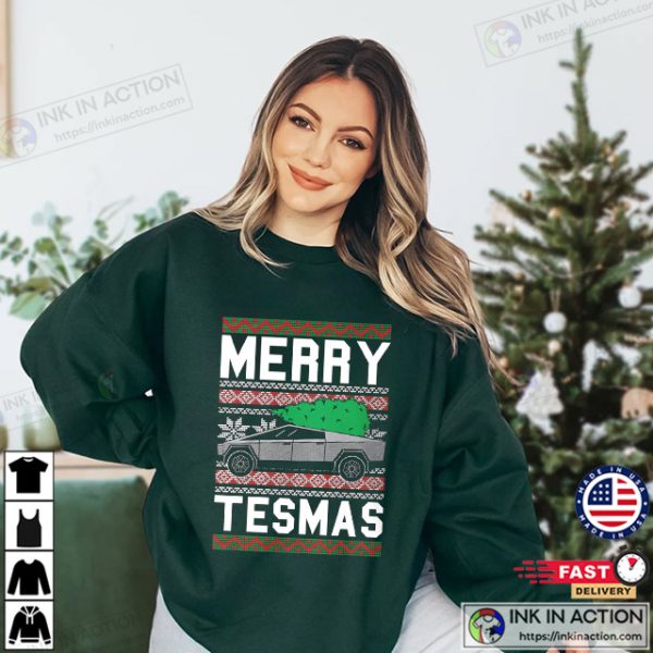 Merry Tesmas Unisex Sweater, Tesla Cybertruck Electric Car Truck Elon Musk Shirt for Xmas Holiday Party