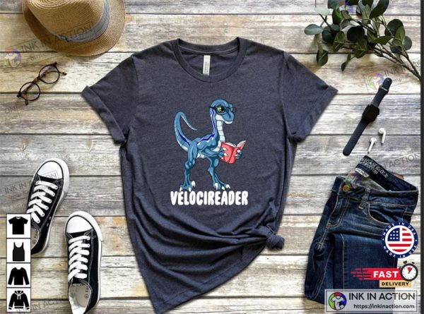 Velociraptor Dinosaur Reading Book Shirt