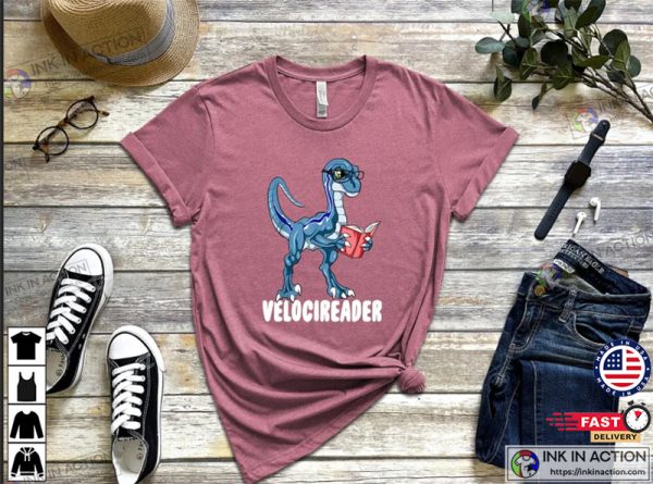 Velociraptor Dinosaur Reading Book Shirt