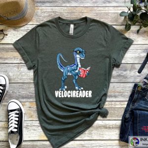 Velociraptor Dinosaur Reading Book Shirt 3