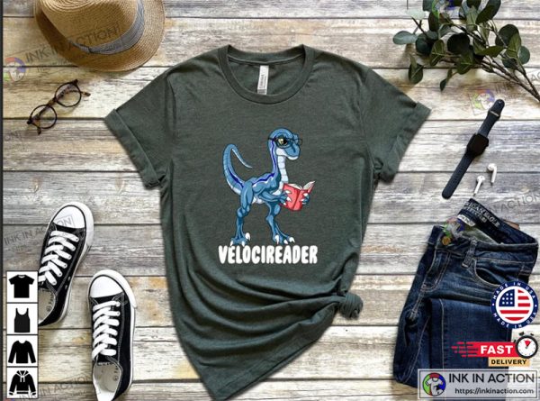 Velociraptor Dinosaur Reading Book Shirt