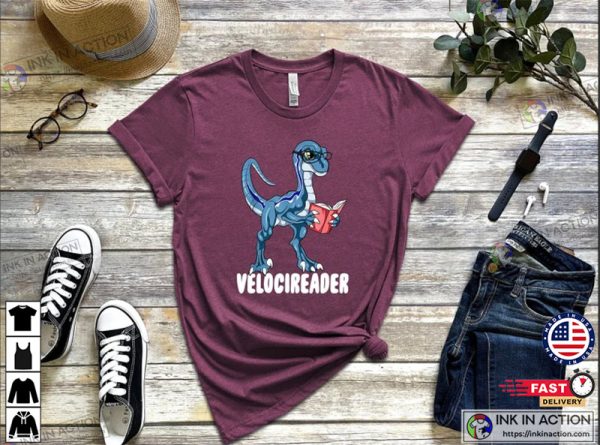 Velociraptor Dinosaur Reading Book Shirt