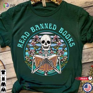 Skeleton Read Banned Books Floral Retro Unisex T shirt 2 Ink In Action