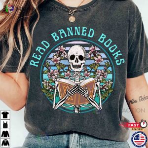 Skeleton Read Banned Books Floral Retro Unisex T shirt 3 Ink In Action