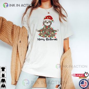 Merry Slothmas Lights Xmas yoga lover T Shirt 1 Ink In Action
