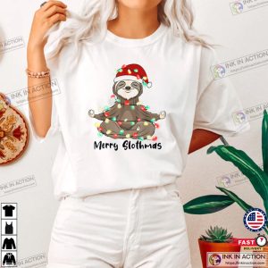 Merry Slothmas Lights Xmas yoga lover T Shirt 2 Ink In Action