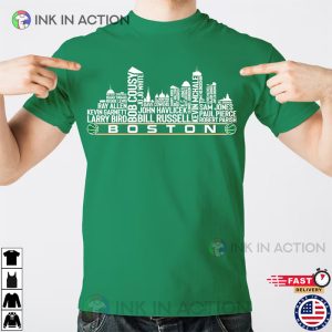 boston celtics basketball Team All Time Legends City skyline boston Shirt 3 Ink In Action