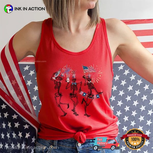 4th of July Skellies Dancing Skeleton With America Flag T-Shirt