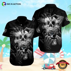 Black Aloha Skull Las Vegas Raiders Hawaiian T-shirts, Raiders NFL Tropical Shirts For Men