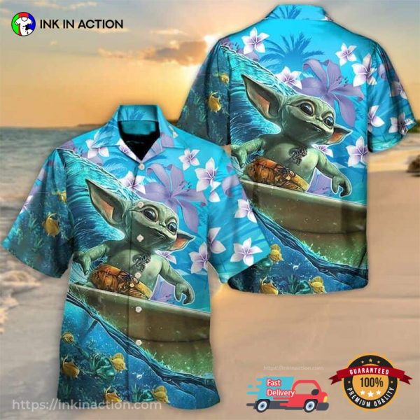 Baby Yoda Surfing Tropical Shirts For Men