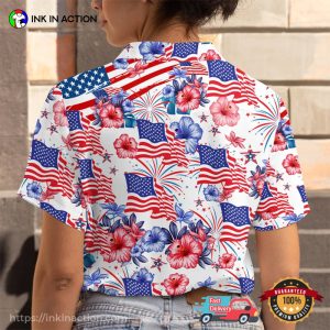 Flower American Flag American Independence Day Hawaiian Shirts, Patriotic 4th Of July 1776 Tropical Shirt