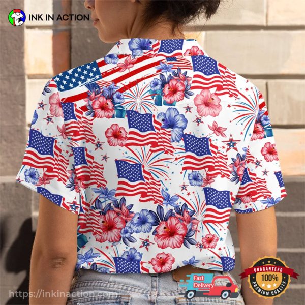 Flower American Flag American Independence Day Hawaiian Shirts, Patriotic 4th Of July 1776 Tropical Shirt