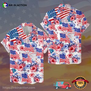 Flower American Flag American Independence Day Hawaiian Shirts, Patriotic 4th Of July 1776 Tropical Shirt