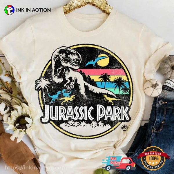 Jurassic Park Striped Retro T-Rex Graphic T-Shirt, Jurassic Park Islands Logo