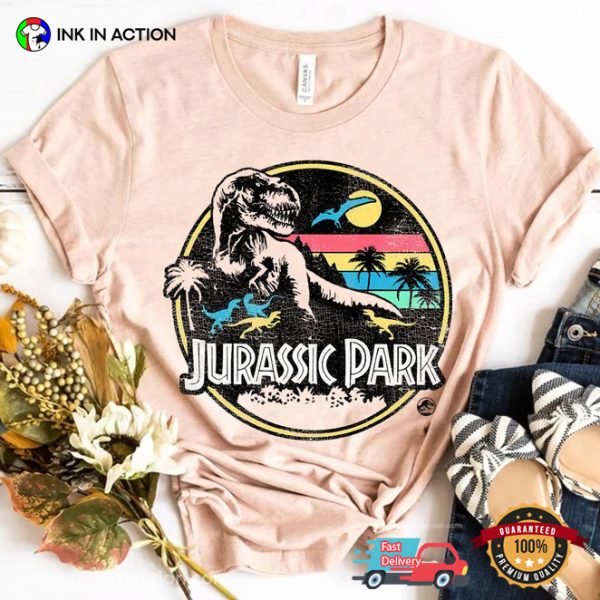 Jurassic Park Striped Retro T-Rex Graphic T-Shirt, Jurassic Park Islands Logo