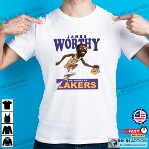 James Worthy Retro Basketball lakers team T shirt 3 Ink In Action