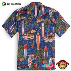 Surfboard And Coconut Trees Summer Beach Navy Hawaiian Shirt Ink In Action