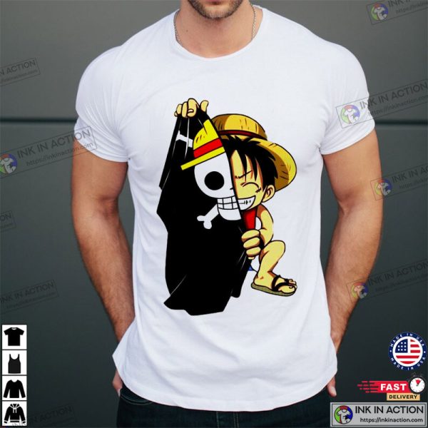 Monkey.D. Luffy Chibi And One Piece Flag T-Shirt